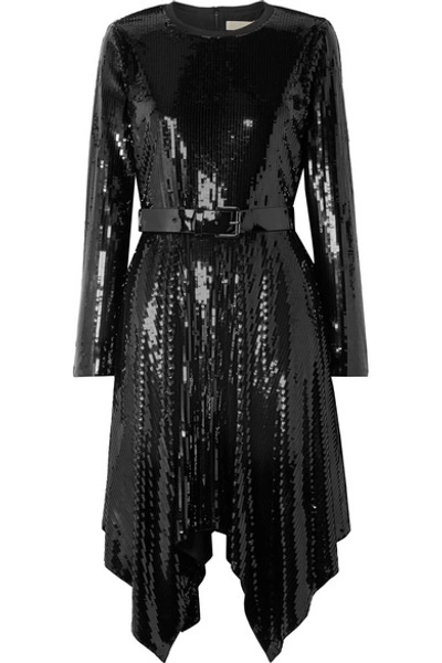 Shop Michael Michael Kors Asymmetric Belted Sequined Georgette Dress In Black