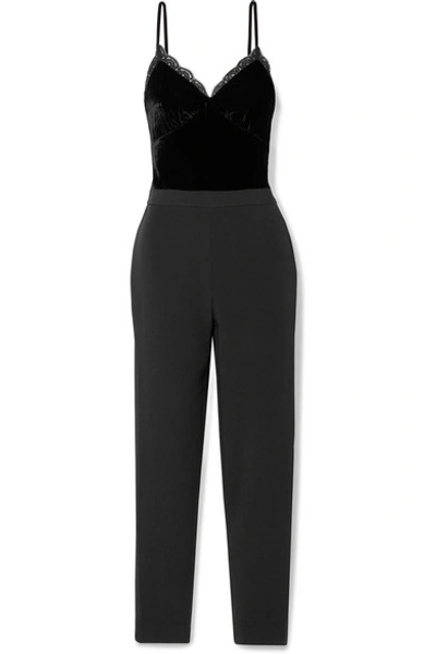 Shop Michael Michael Kors Lace-trimmed Cady And Velvet Jumpsuit In Black