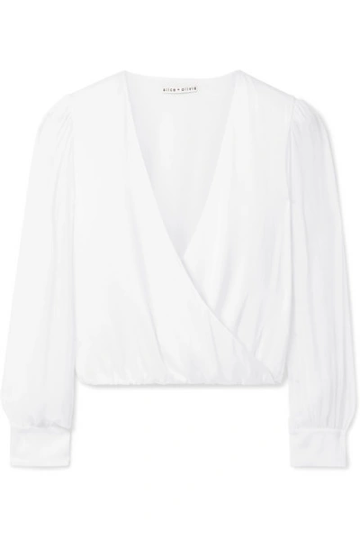 Shop Alice And Olivia Hart Wrap-effect Chiffon-trimmed Stretch Silk-charmeuse Blouse In White