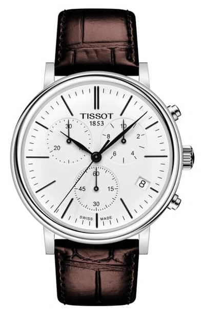Shop Tissot Carson Premium Chronograph Leather Strap Watch, 41mm In Brown/ White/ Silver