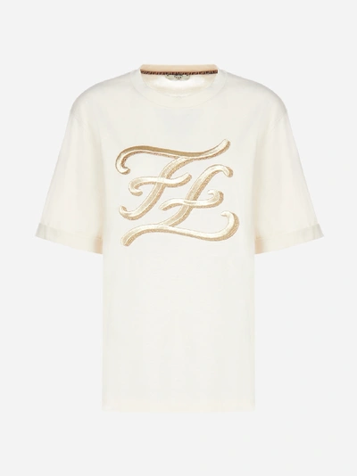 Shop Fendi T-shirt In Cotone Con Ricamo Ff Karligraphy