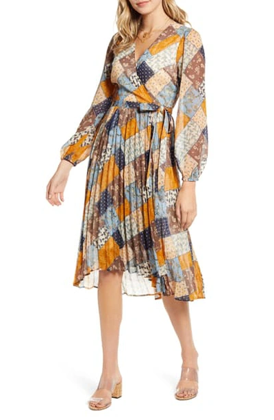 Shop Moon River Patchwork Print Long Sleeve Wrap Dress In Dusty Blue Multi