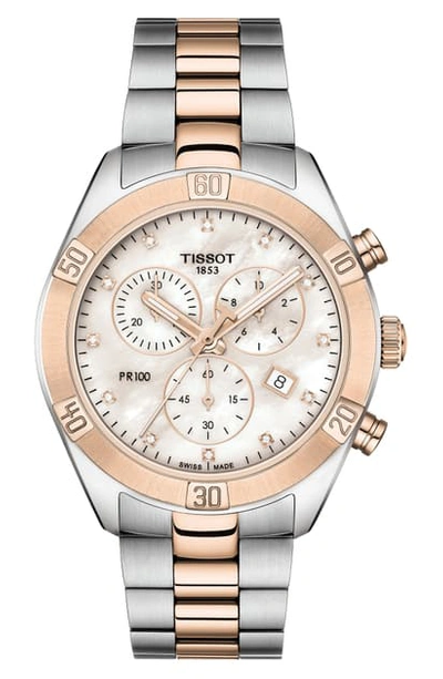 Shop Tissot Pr 100 Diamond Chronograph Bracelet Watch, 38mm In Silver/ Mop/ Rose Gold