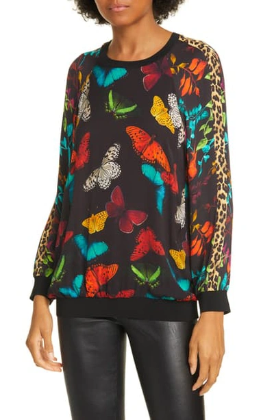 Shop Alice And Olivia Calvin Mixed Print Raglan Sleeve Sweatshirt In Butterflies/ Combo