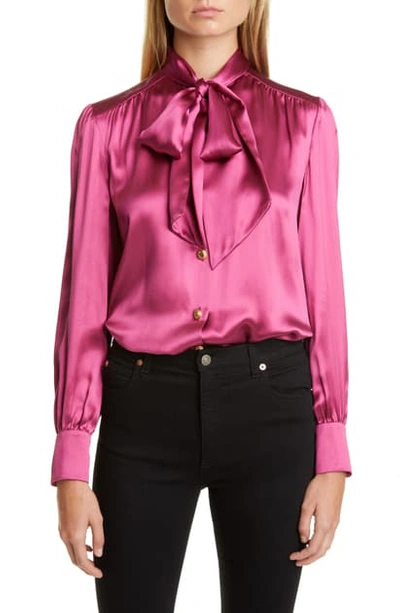 Shop Gucci Bow Neck Silk Blend Satin Blouse In Plum Syrup