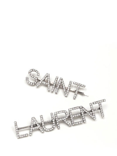 Shop Saint Laurent Crystal Embellished Logo Hair Clips In Silver