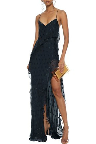 Shop Michelle Mason Open-back Ruffled Fil Coupé Silk-blend Gown In Midnight Blue