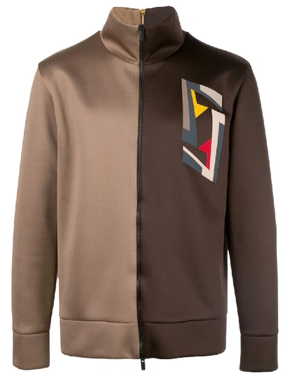 Shop Fendi Two-tone Zip-up Sweatshirt In Brown