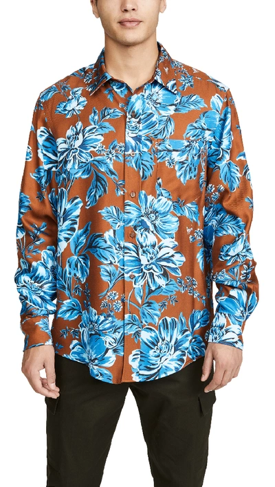Shop Ami Alexandre Mattiussi Floral Long Sleeve Button Down Shirt In Cognac