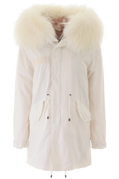 Shop Mr & Mrs Italy Jazzy Midi Parka With Fur In Old Ivory White (white)