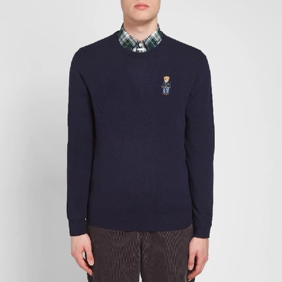Shop Polo Ralph Lauren Small Embroidered Bear Crew Knit In Blue