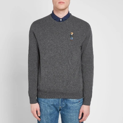 Shop Polo Ralph Lauren Small Embroidered Bear Crew Knit In Grey