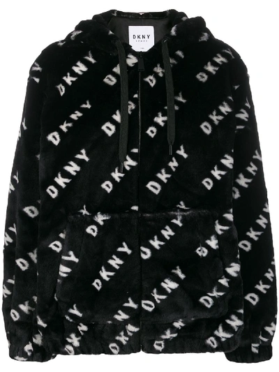 Shop Dkny Faux Fur Logo Printed Sherpa Fleece In Black