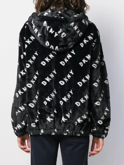 Shop Dkny Faux Fur Logo Printed Sherpa Fleece In Black