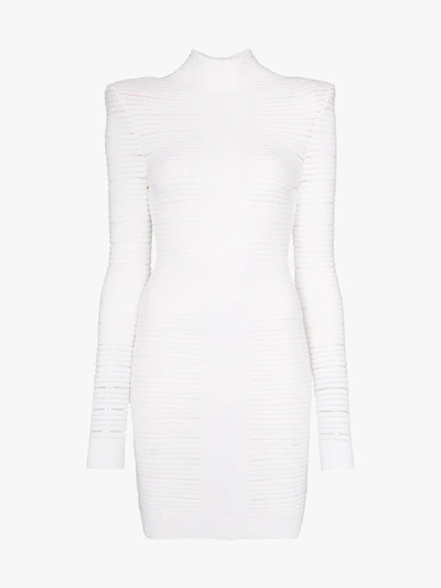 Shop Balmain Exaggerated Shoulder Striped Knit Mini Dress In White