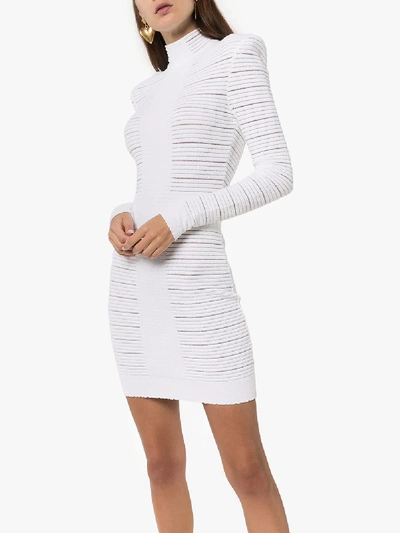 Shop Balmain Exaggerated Shoulder Striped Knit Mini Dress In White