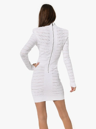 Shop Balmain Exaggerated Shoulder Striped Knit Mini Dress In White