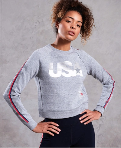 Shop Superdry Gym Tech Usa Crop Crew Sweatshirt In Light Grey