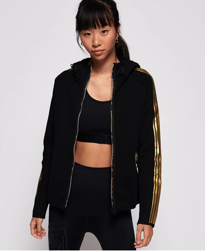 Shop Superdry Gym Tech Gold Zip Hoodie In Black