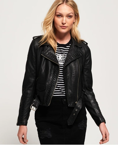 Shop Superdry Women's Kiki Leather Biker Jacket Black Size: 6