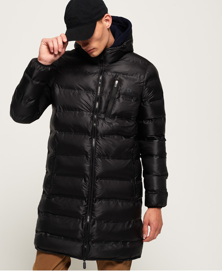 longline puffer coat with hood