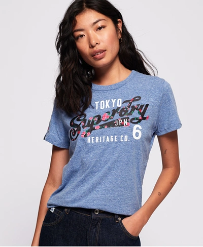 Shop Superdry Heritage Flock T-shirt In Blue