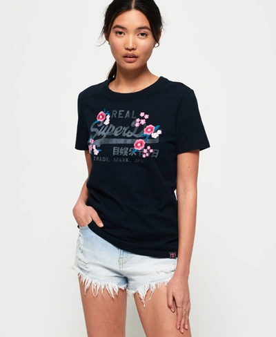 Shop Superdry Women's Vintage Logo Embroidered Floral T-shirt Navy Size: 6