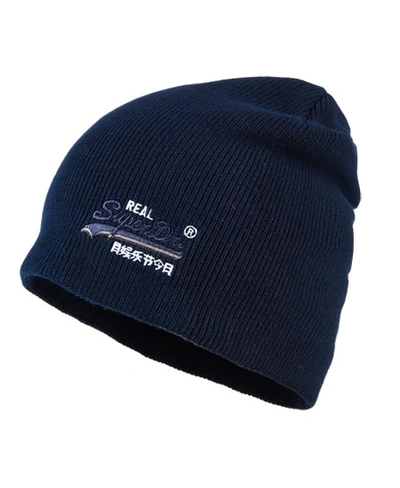 Shop Superdry Basic Tonal Embroidery Beanie In Navy