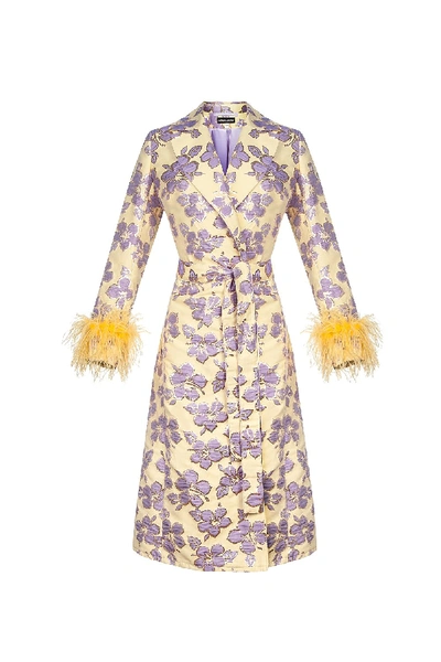 Shop Andreeva Vanilla Jacquard Coat With Detachable Feathers Cuffs