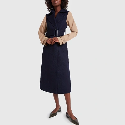 Shop Victoria Beckham Contrast-sleeve Fitted Coat In Navy