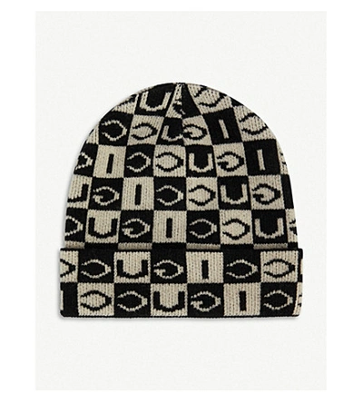 Shop Gucci Checkerboard Wool Beanie Hat In Black White