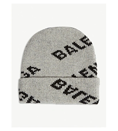 Shop Balenciaga Logo Intarsia Wool-blend Knitted Beanie In Grey Black