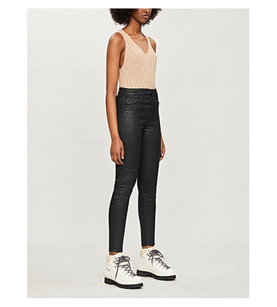 Shop Ag Farrah Skinny Ankle Leather-look High-rise Jeans In Lt-super Black