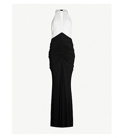 Shop Alexander Mcqueen Ruched Halterneck Crepe Maxi Dress In Black/ivory