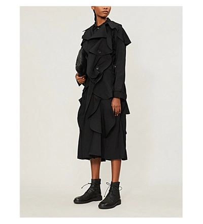 Shop Yohji Yamamoto Fitted Frilled-trim Wool Coat In Black