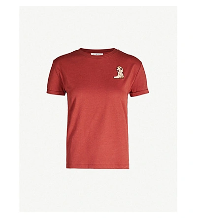 Shop Sandro Embroidered Cotton-jersey T-shirt In Bordeaux