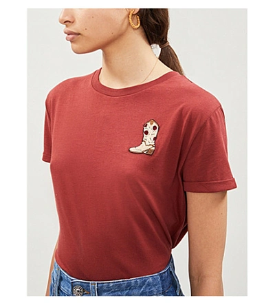 Shop Sandro Embroidered Cotton-jersey T-shirt In Bordeaux