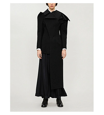 Shop Yohji Yamamoto Asymmetric-collar Wool Coat In Black