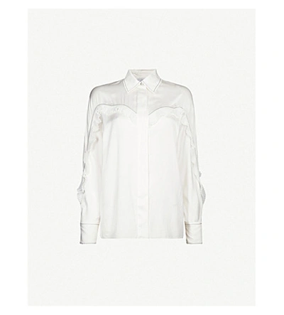 Shop Sandro Ruffled Contrast-stitch Satin Shirt In Ecru