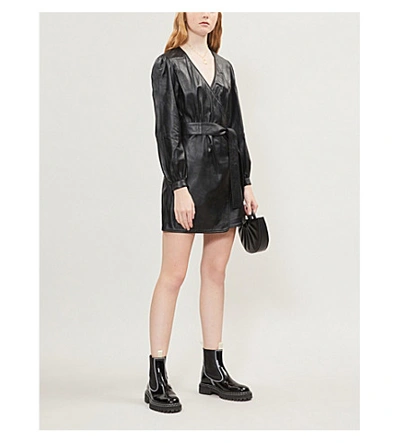 Shop Maje Wrap-around Leather Mini Dress In Black