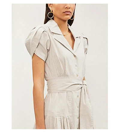 Shop Alexis Amma Pleated Striped Stretch Cotton-blend Midi Dress In Tan+stripe