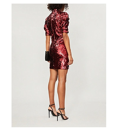 Shop Alice And Olivia Brenna Puffed-sleeve Sequinned Mini Dress In Bordeaux