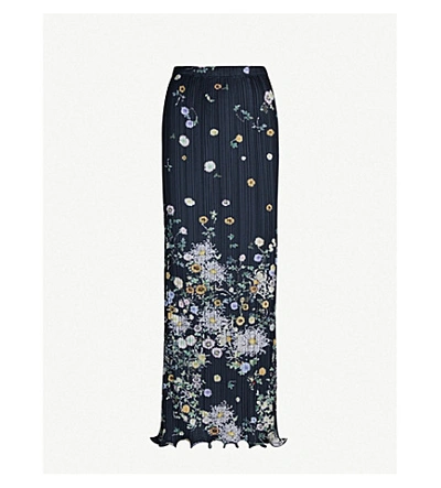 Shop Givenchy Show Floral-pattern Satin-crepe Midi Skirt In Navy/yellow