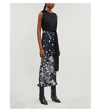 Shop Givenchy Show Floral-pattern Satin-crepe Midi Skirt In Navy/yellow