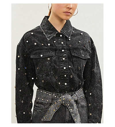 Shop Sandro Stud-embellished Acid-wash Denim Shirt In Black