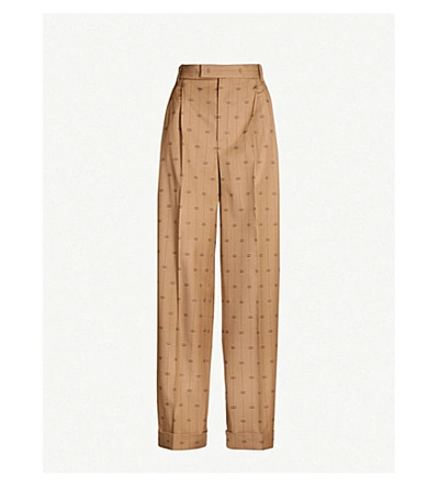 Shop Gucci Tailored-fit Wide Wool-silk Blend Trousers In Beige Brown