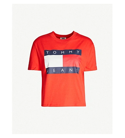 Shop Tommy Jeans Logo-print Cotton-jersey T-shirt In Flame Scarlet