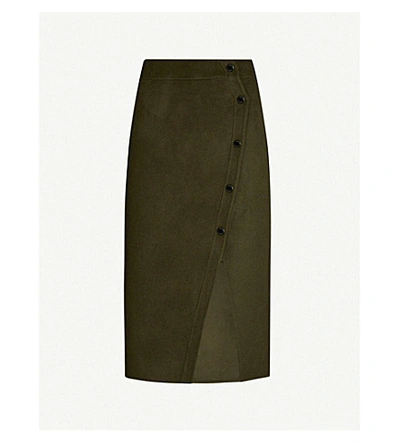 Shop Sandro Peny Split-hem Wool-blend Midi Skirt In Olive Green