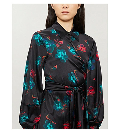 Shop Ganni Floral-print A-line Silk-satin Mini Dress In Black