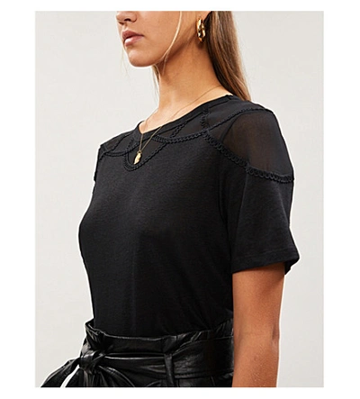 Shop Sandro Crochet-trim Linen-blend T-shirt In Black